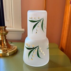 Vintage Floral Frosted Glass Bedside Water Carafe & Glass Set